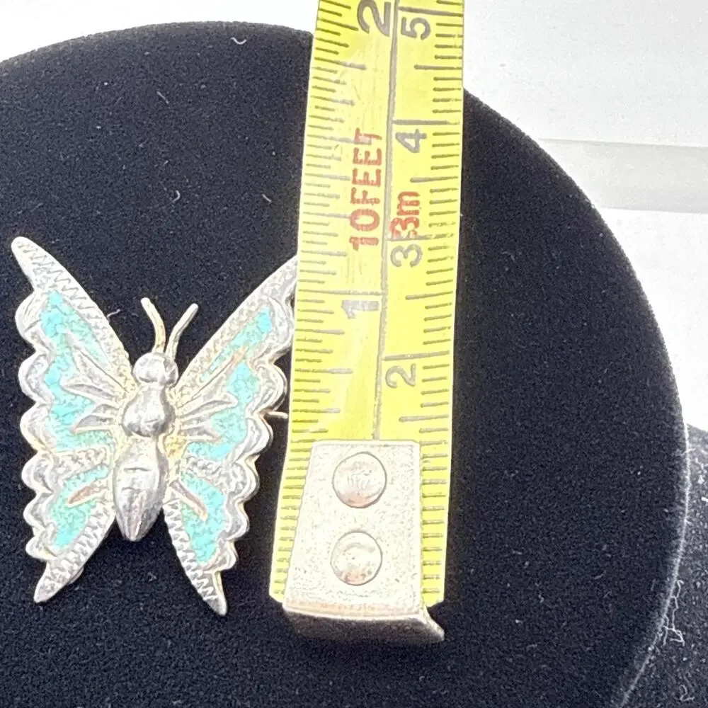 VTG 925ME STERLING SILVER Butterfly SIGNED CR69 TURQUOISE INLAY PIN